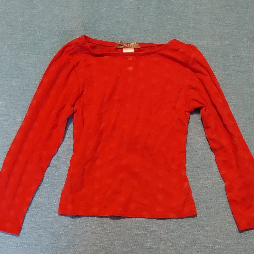 Red Long Sleeve Girls Top, Sheer Polka Dot.